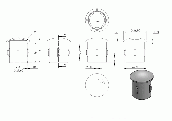 Eindkap, voor buis 26,9 x 1,6 - 2,6mm, half rond, klemverbinding, hol, RVS 316 - Afbeelding 4