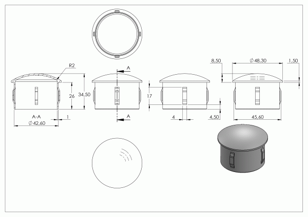 Eindkap, voor buis 48,3 x 2,0 - 2,6mm, half rond, klemverbinding, hol, RVS 304 - Afbeelding 4