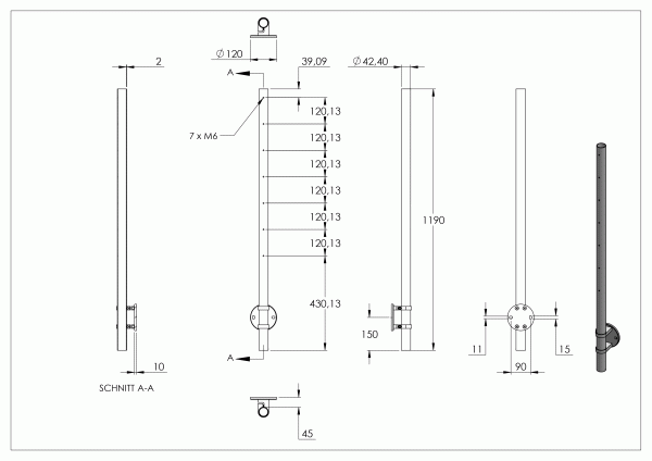 RVS staander 42,4 x 2,0mm RVS 304 voor zijmontage, lengte 1190mm, - Afbeelding 6