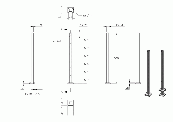 RVS staander 40 x 40 x 2,0mm RVS 304 voor vloermontage, lengte 880mm, vloerflens en buis gelast, - Afbeelding 6