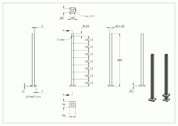 RVS staander 40 x 40 x 2,0mm RVS 304 voor vloermontage, lengte 880mm, vloerflens en buis gelast, - Afbeelding 6