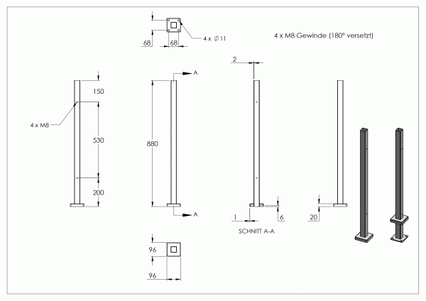 RVS staander 40 x 40 x 2,0mm RVS 304 voor vloermontage, lengte 880mm, vloerflens en buis gelast, - Afbeelding 6