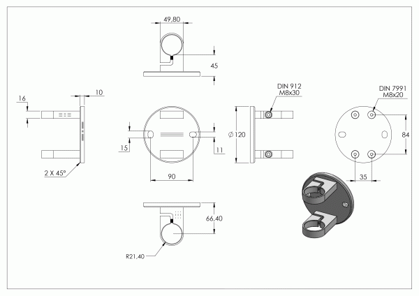 Wandanker voor staander, flens 120 x 10mm, met 2x 20 x 11mm sleufgat, met 2 Buisklem / spanringmen, wandafstand: 45mm, voor buis 42,4mm, RVS 316 - Afbeelding 7