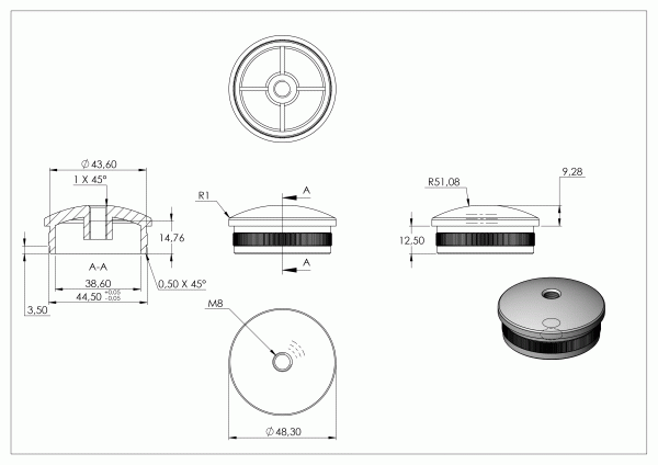 Eindkap, voor buis 48,3 x 2,0mm, met draad M8, half rond, klemverbinding, met kartelrand, hol, RVS 304 - Afbeelding 4