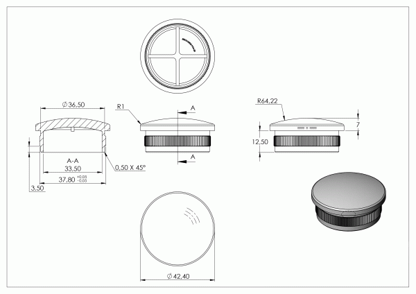 Eindkap, voor buis 42,4 x 2,5mm, half rond, klemverbinding, met kartelrand, hol, RVS 316 - Afbeelding 4