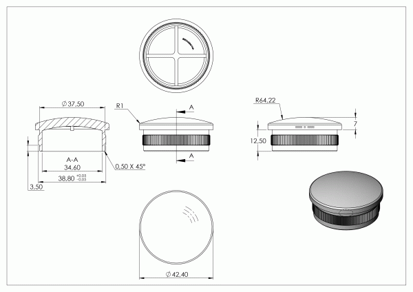 Eindkap, voor buis 42,4 x 2,0mm, half rond, klemverbinding, met kartelrand, hol, RVS 316 - Afbeelding 4