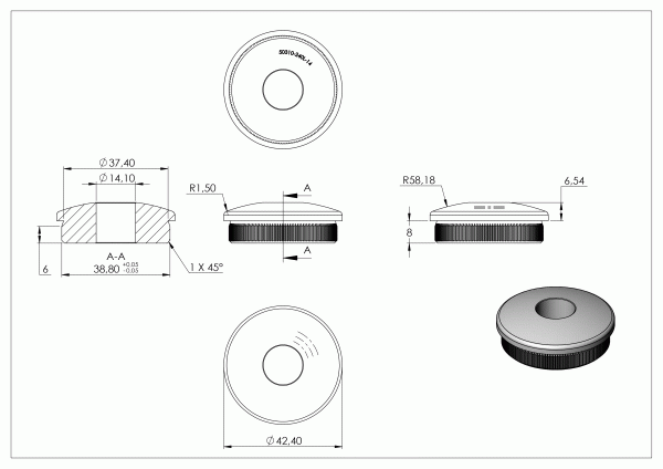 Eindkap, voor buis 42,4 x 2,0mm, met boring 14,1mm, half rond, klemverbinding, met kartelrand, RVS 304 - Afbeelding 4