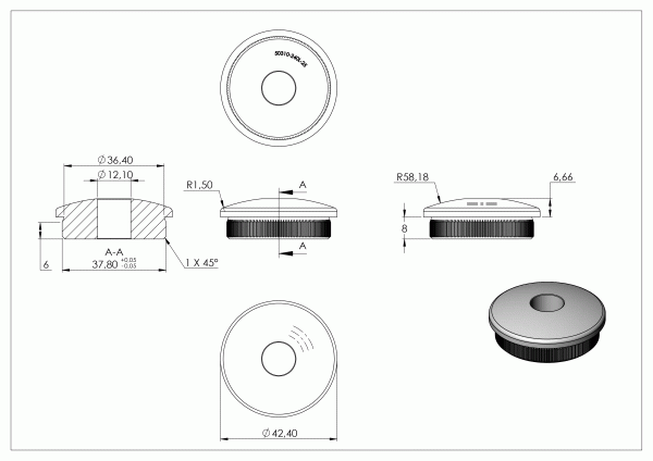 Eindkap, voor buis 42,4 x 2,5mm, met boring 12,1mm, half rond, klemverbinding, met kartelrand, RVS 304 - Afbeelding 4