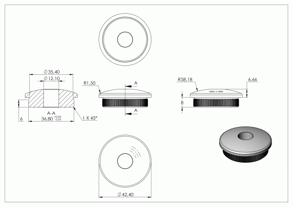 Eindkap, voor buis 42,4 x 3,0mm, met boring 12,1mm, half rond, klemverbinding, met kartelrand, RVS 304 - Afbeelding 4