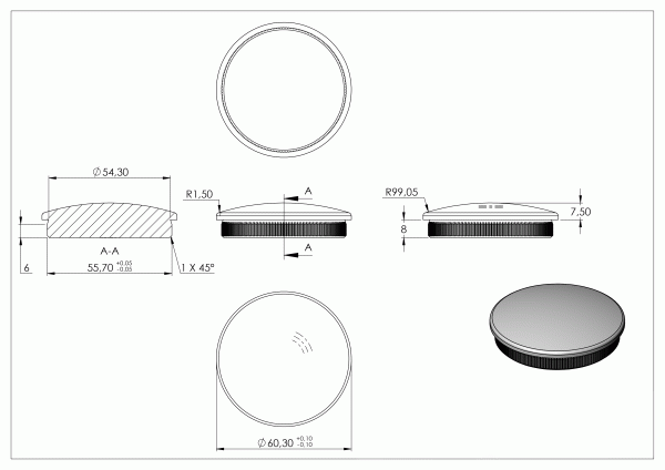 Eindkap, voor buis 60,3 x 2,5mm, half rond, klemverbinding, met kartelrand, RVS 304 - Afbeelding 4