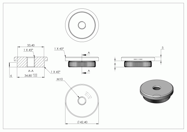 Eindkap, voor buis 42,4 x 4,0mm, met draad M10, vlak, klemverbinding, met kartelrand, RVS 304 - Afbeelding 4