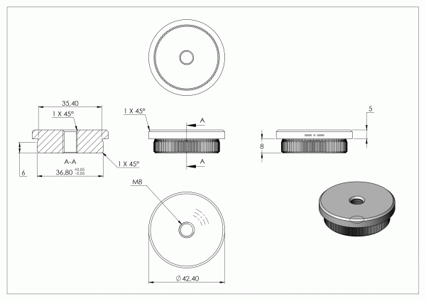 Eindkap, voor buis 42,4 x 3,0mm, met draad M8, vlak, klemverbinding, met kartelrand, RVS 304 - Afbeelding 4