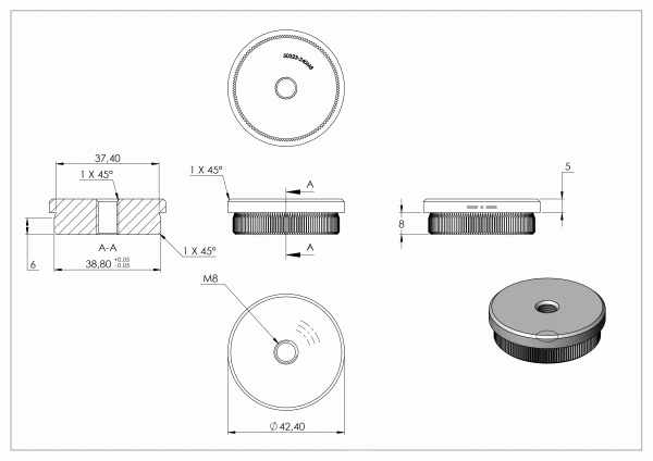 Eindkap, voor buis 42,4 x 2,0mm, met draad M8, vlak, klemverbinding, met kartelrand, RVS 304 - Afbeelding 5