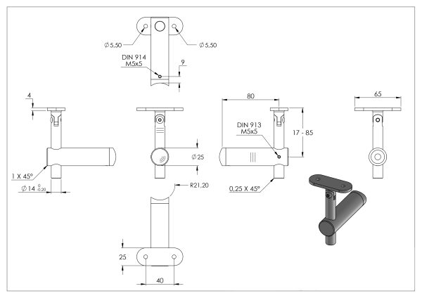 Leuningdrager met scharnier incl. schaal recht (niet wisselbaar), aansluiting 42,4mm, stift 25mm, Stift 14mm, wandafstand 80mm, zonder bevestigingsschroef (kan met M6 of M8 verzonken schroef ISO 10642 bevestigd worden, minimale lengte 35mm), RVS 304 - Afbeelding 8