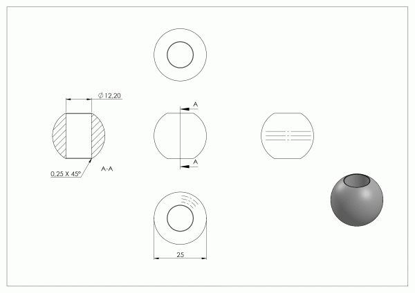 Kogel, massief, Ø 25mm, met doorgaand gat, 12,2mm, geslepen, RVS 304 - Afbeelding 3