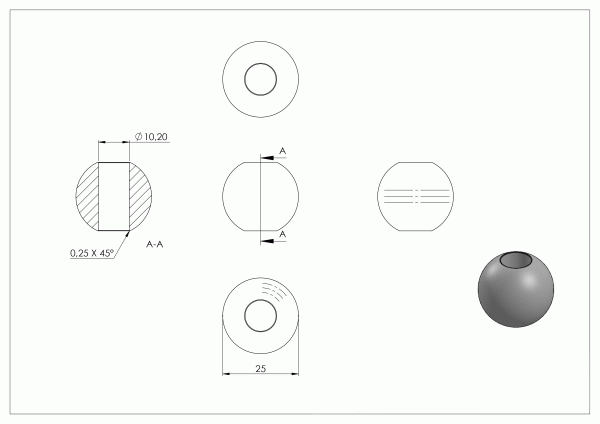 Kogel, massief, Ø 25mm, met doorgaand gat, 10,2mm, geslepen, RVS 304 - Afbeelding 3
