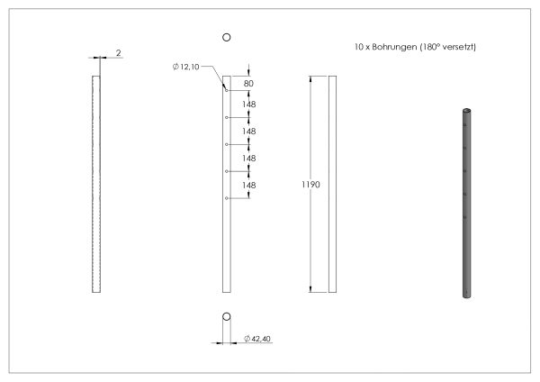 Tussenstaander, 42,4mm x 2,0mm, met 5 doorgaande gaten 12mm, lengte: 1190mm, RVS 304 - Afbeelding 2