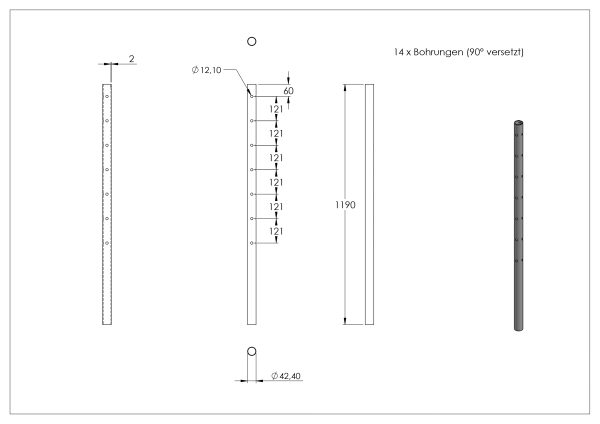 Hoekstaander, 42,4mm x 2,0mm, met 7 gaten, 12mm, 90°, lengte: 1190mm, RVS 304 - Afbeelding 2