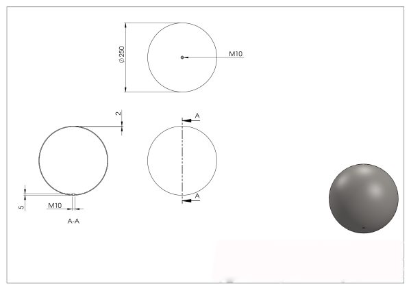 Kogel, hol, Ø 250mm met draad M10, wanddikte 2mm, geslepen, RVS 304 - Afbeelding 2