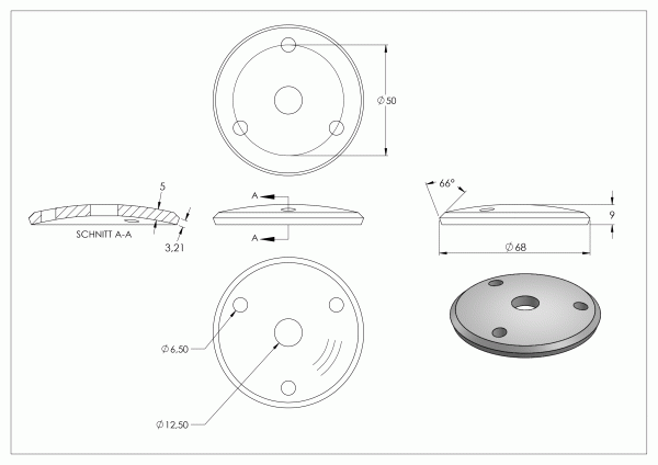 Schijf, Ø 68 x 5mm, afgerond, 3x 6,5mm en 1x 12mm boring, gedraaid geslepen, RVS 304 - Afbeelding 4