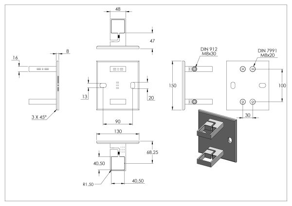 Wandanker voor staander, flens 130 x 150 x 10mm, met 2x 14,5 x 11mm sleufgat, met 2 Buisklem / spanringmen, wandafstand: 47mm, voor buis 40 x 40mm, RVS 304 - Afbeelding 8