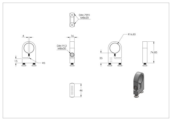 Buisklem / spanring voor buis 33,7mm, wandafstand: 35mm, gat afstand 35mm, RVS 304 - Afbeelding 4