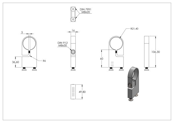 Buisklem / spanring voor buis 42,4mm, wandafstand: 60mm, gat afstand 35mm, RVS 304 - Afbeelding 4