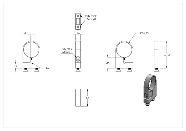 Buisklem / spanring voor buis 48,3mm, wandafstand: 35mm, gat afstand 35mm, RVS 304 - Afbeelding 4