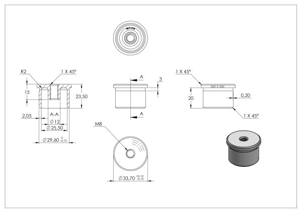 Eindkap, voor buis 33,7 x 2,0mm, met draad M8, vlak, lijmverbinding, hol, RVS 304 - Afbeelding 4