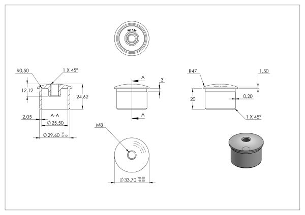 Eindkap, voor buis 33,7 x 2,0mm, met draad M8, half rond, lijmverbinding, hol, RVS 304 - Afbeelding 4