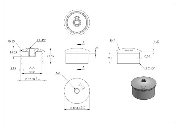 Eindkap, voor buis 42,4 x 2,5mm, met draad M8, half rond, lijmverbinding, hol, RVS 304 - Afbeelding 4