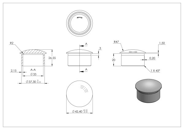 Eindkap, voor buis 42,4 x 2,5mm, half rond, lijmverbinding, hol, RVS 304 - Afbeelding 4